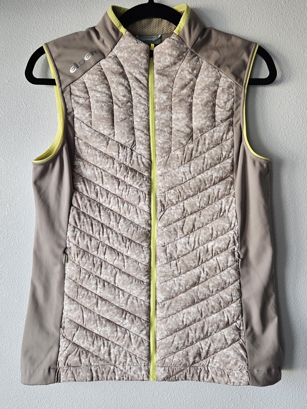 Eider Hybrid Insulated Vest Women's Taupe Quilted Vest with Yellow Trim Size Med